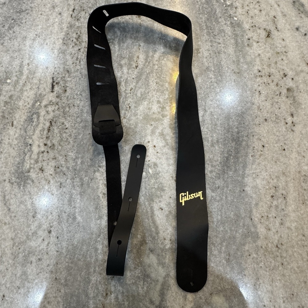 Gibson Black Leather Guitar Adjustable Strap Gold Logo USA
